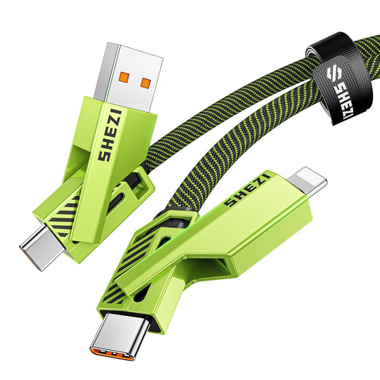 SHEZI [Upgraded 2.0 4-in-1 USB C Cable 60W 5FT Fast Charging [480Mbps Data Transfer] Flat Nylon Braided Charger Cord Combo, USB A/C to C/L Multi Charge Cable for iPhone/iPad & Most Devices, Green
