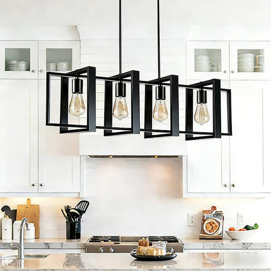 4-Light Island Lights for Kitchen, Rectangular Black Metal Kitchen Island Chandelier 31.5" Adjustable Rustic Modern Dining Room Light Fixtures Over Table, Chandeliers for Dining Room