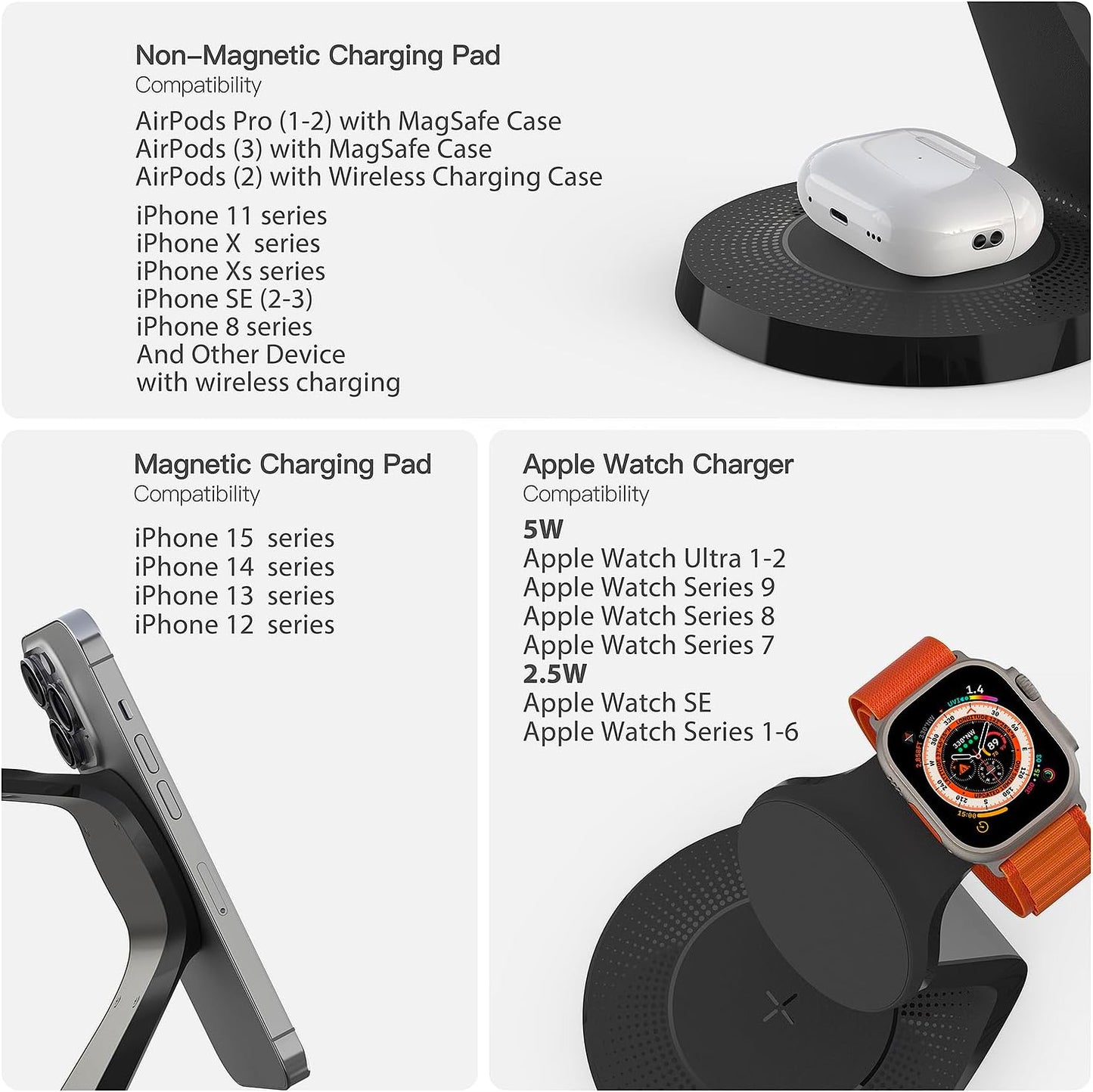 3 in 1 Charging Station for Apple Devices - Faster Mag-Safe Charger Stand for iPhone - Magnetic Wireless Charger Station for iPhone 16/15/14/13 Series,& AirPods,& iWatch - Black