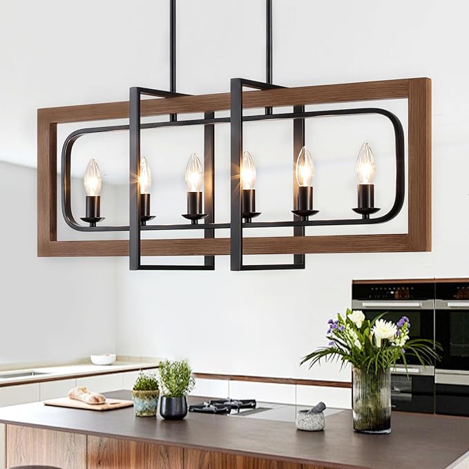 Farmhouse Dining Room Light Fixtures Over Table, 6-Light Rustic Wood Chandeliers Rectangle Kitchen Island Lighting Hanging Pendant Lights Kitchen Chandelier Adjustable Height