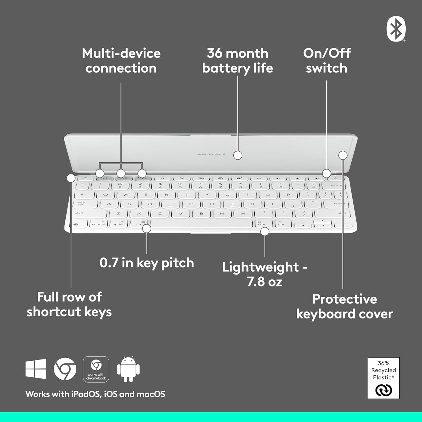 Logitech Keys-to-GO 2 Portable Wireless iPad Keyboard with Built-in Cover, Slim and Compact Bluetooth Keyboard for iPad, iPhone, Mac, and Apple TV, Easily Switch with Devices - Pale Grey