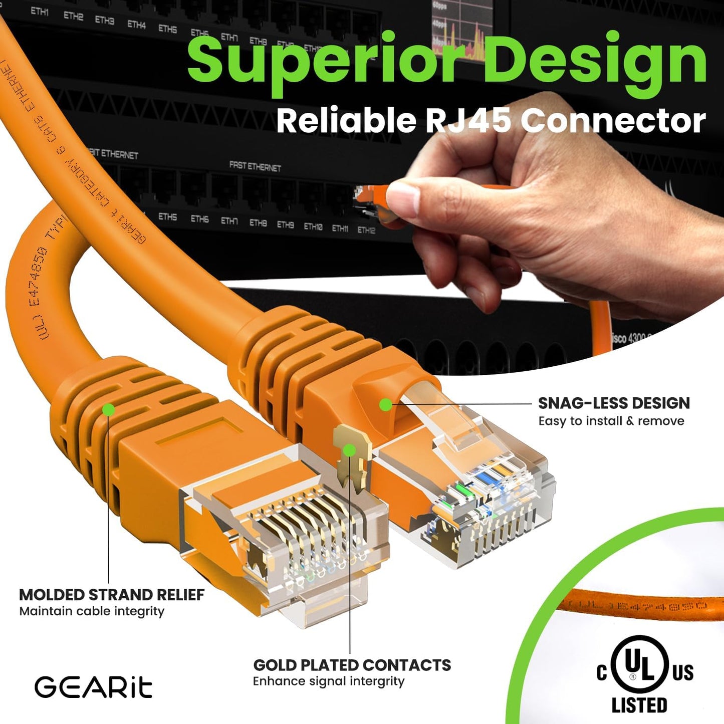 GEARit Cat 6 Ethernet Cable (50-Pack 1 Foot) Cat6 Network Patch, 10Gbps, RJ45, Snagless Cord, Gold-Plated Connectors, Internet for PC, TV, Tablet, Router, Printer, Servers, IT Data Center - Orange