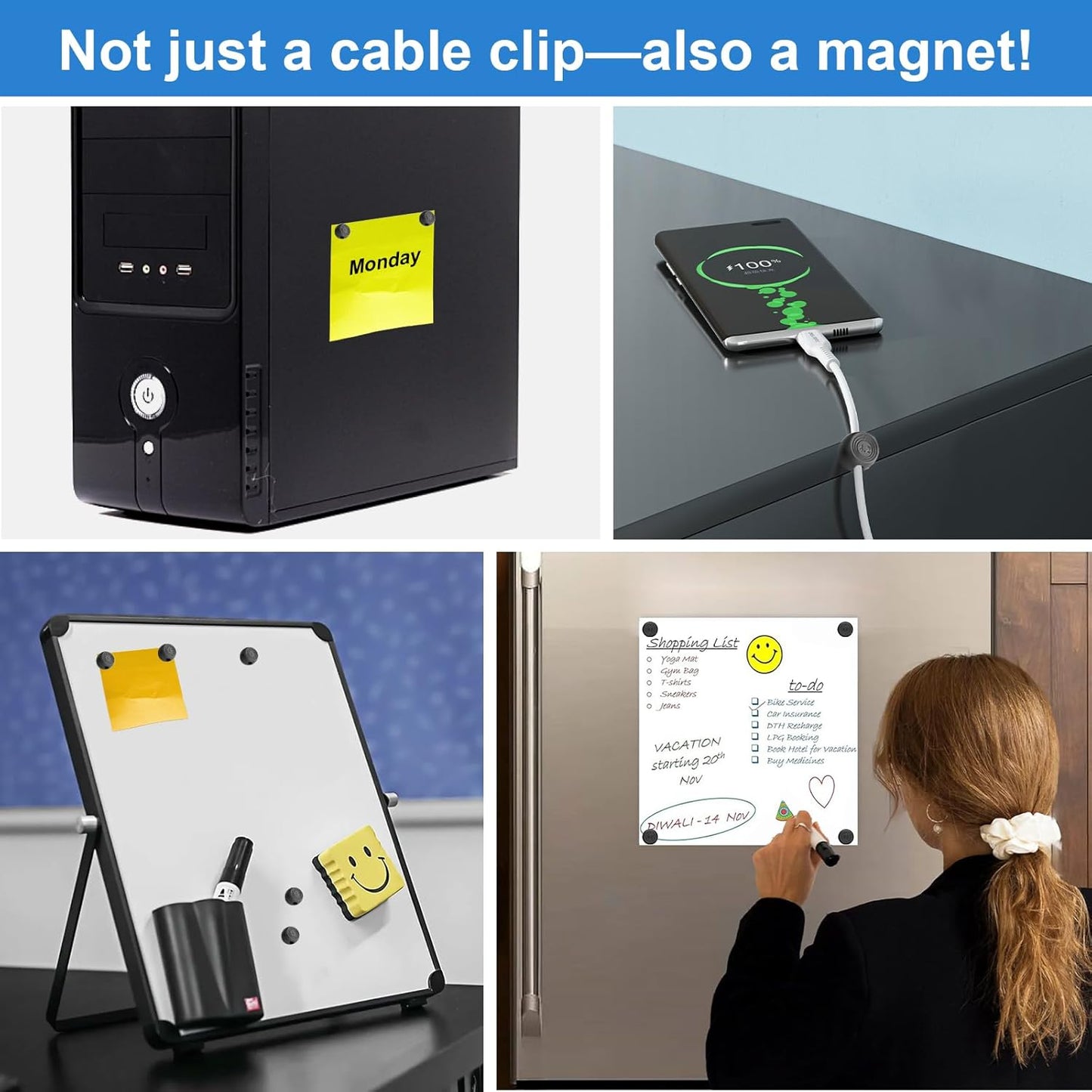 Wanheart Magnetic Cord Holders, Cable Organizer for Desk – Multipurpose Wire Clips for Lightning, USB-C, Micro Chargers, Stick to Metal Surface – Office & Home Use (8 Square Clips)