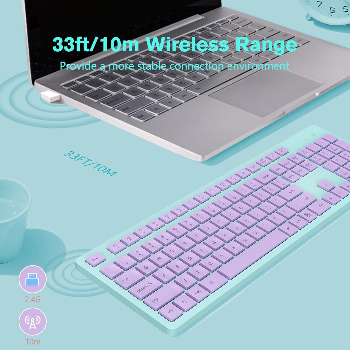LeadsaiL Wireless Keyboard, 2.4GHz Full-Sized Ergonomic Computer Keyboard, Cordless Noiseless Keyboard,12 FN Shortcuts for Windows MacOS Laptop Computer - Purple and Mint Green