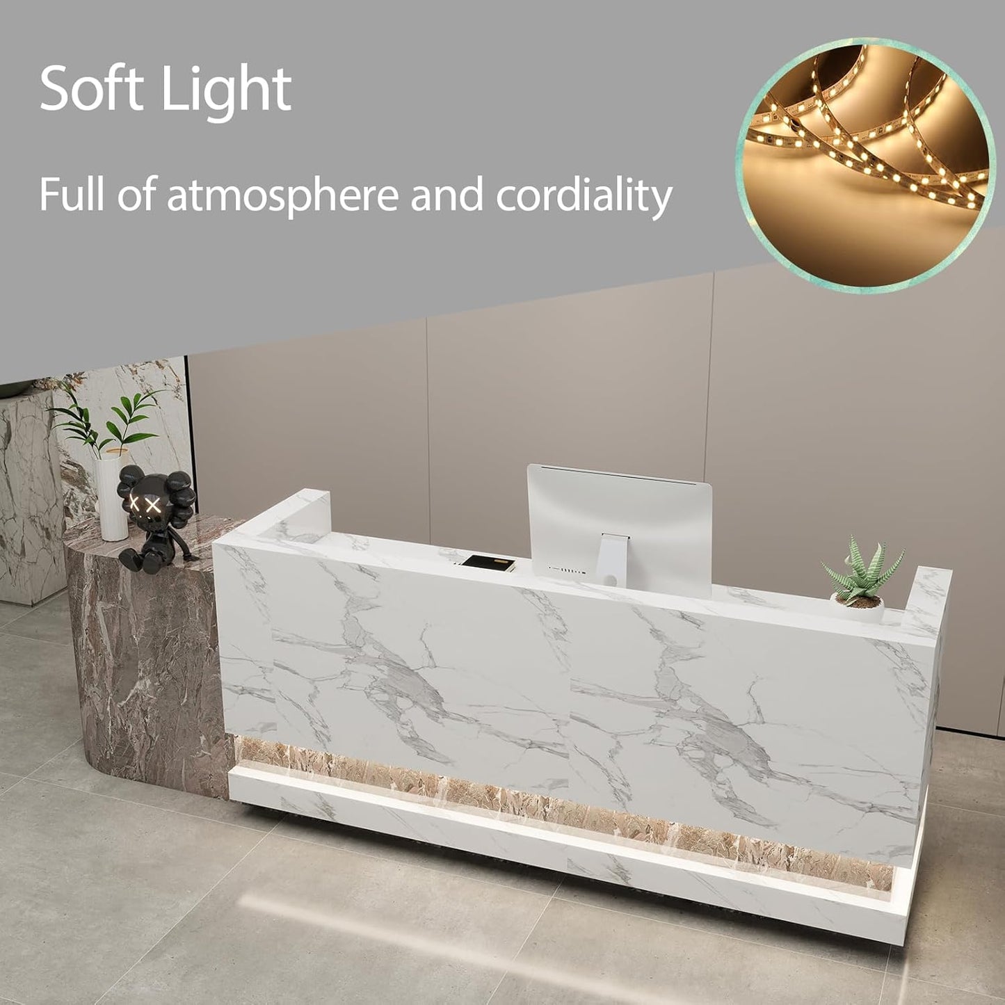 Front Desk Reception Counter - Lockable Storage & Keyboard Tray | Reception Desk with Counter, Customizable Large Counter Table (Grey+White, 112'')