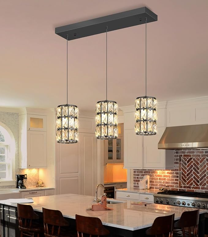 3-Lights Rectangle Modern Crystal Pendant Lights for Kitchen Island LED Dimmable Glam Pendant Lighting Chandelier for Dining Room Hallway Corner Lamp Black