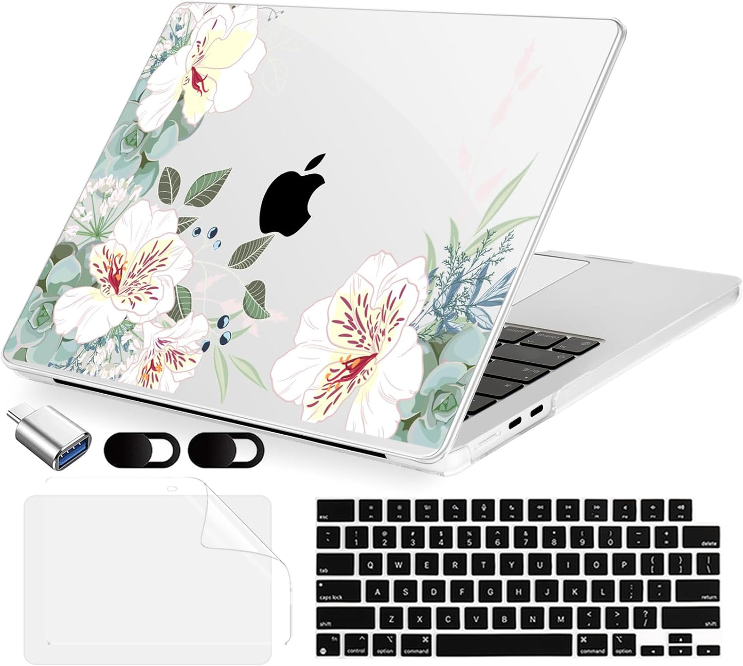 Compatible with MacBook Air 13.6 inch Case, M4 A3240/M3 A3113/M2 A2681 (Released 2025 to 2022), Hard Shell, Keyboard Cover, Screen Protector, Webcam Cover & Type-C Adapter, White Alstroemeria
