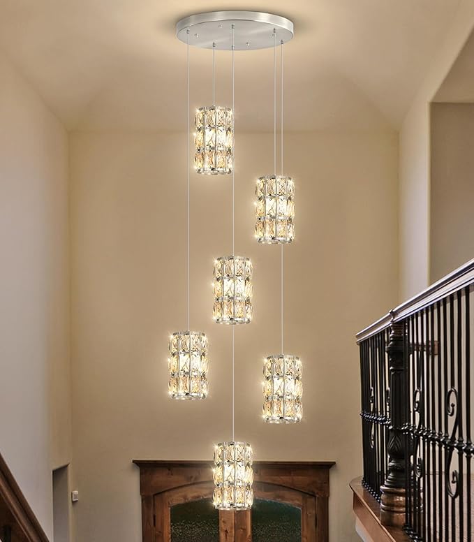 6-Lights Modern Crystal Pendant Lights for Kitchen Island LED Dimmable Glam Pendant Lighting Chandelier for Dining Room Hallway Corner Lamp Nickel