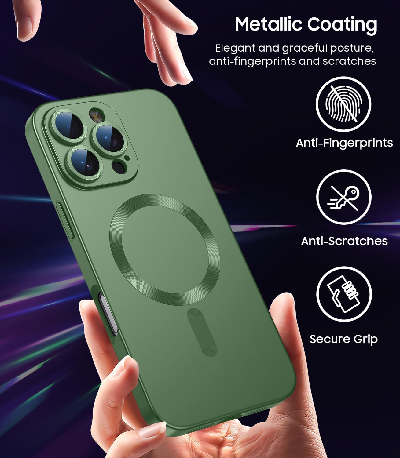 Magnetic for iPhone 16 Pro Max Case [Compatible with MagSafe][Built-in Camera Lens Protector] Slim Soft Silicone Bumper Shockproof Metallic Luster Phone Case (Green)