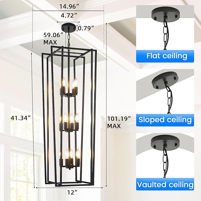 12-Light Tiered Lantern Pendant Light Fixtures,Large Foyer Chandeliers for High Ceilings,Industrial Foyer Lighting Fixtures,Long Chandeliers for High Ceilings,Farmhouse Chandelier for Entryway, Black