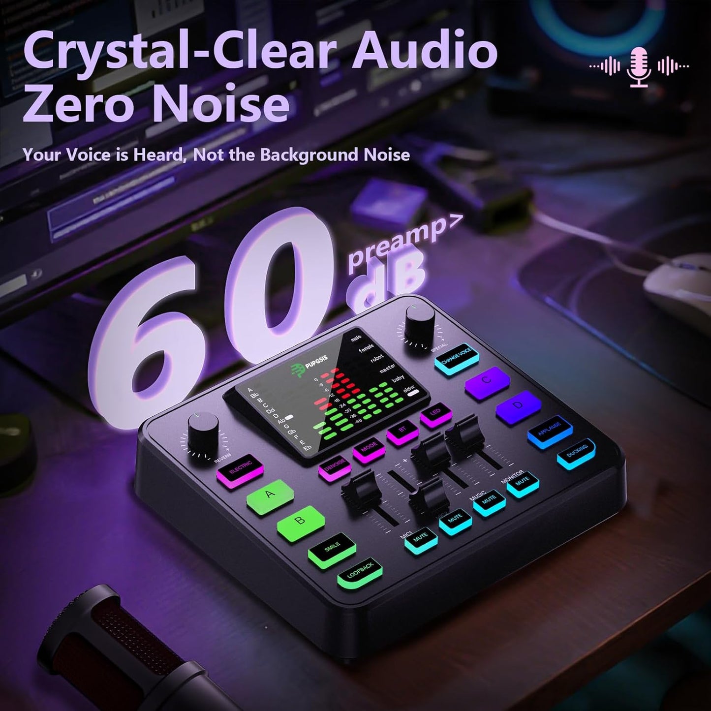 Pupgsis Gaming Audio Mixer, Audio Interface, Sound Board With Pro-Preamp, Noise Cancellation, RGB, Bluetooth, Volume Fader For Streaming/Podcasting/Gaming Maonocaster/Content Create, 6.35mm