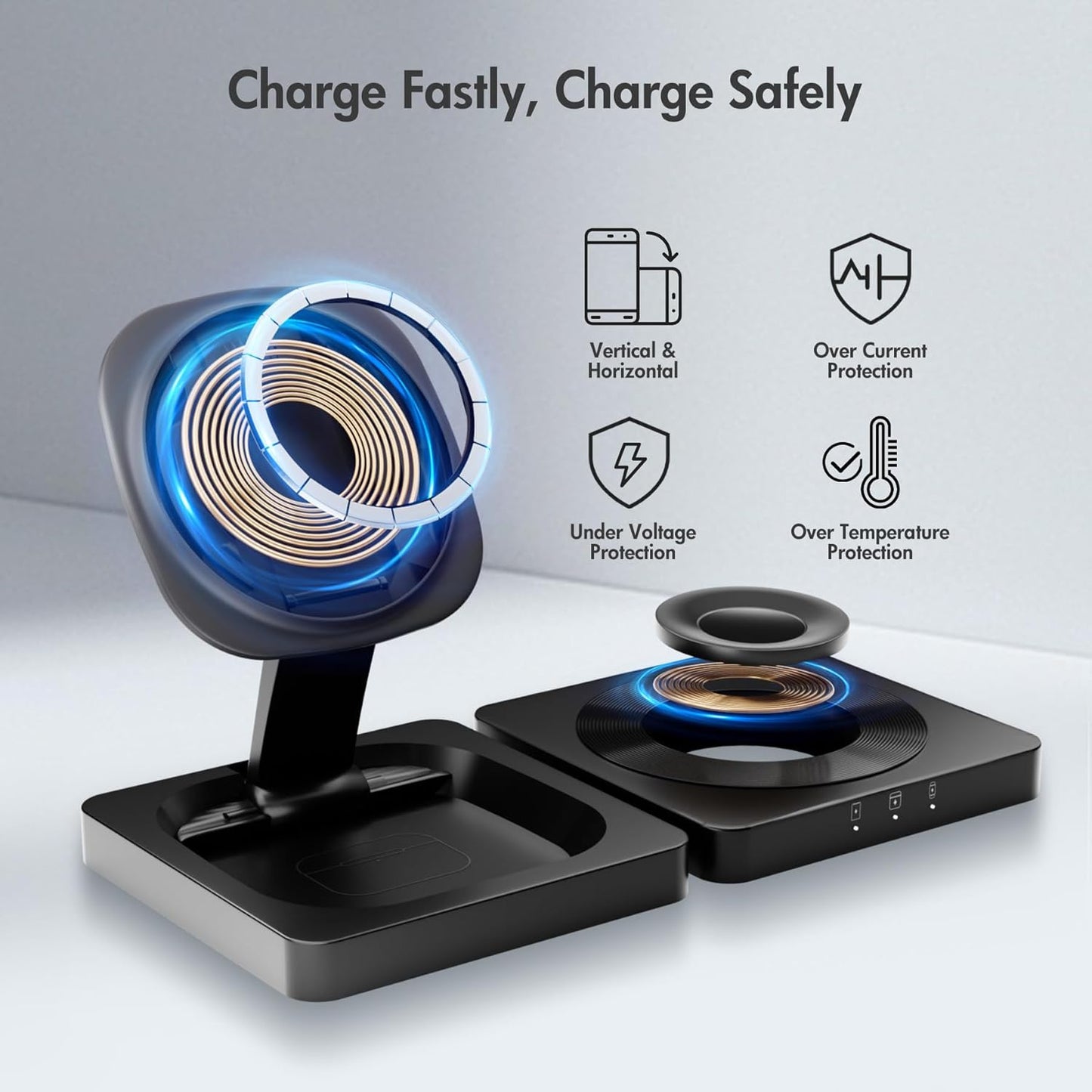 Magnetic Wireless Charger for iPhone: 3 in 1 for Travel 15W Fast Charging Pad Foldable for iPhone 16e 16 15 14 13 12 Pro Max - for Apple Watch Ultra and AirPods Series Magnet Multiple Devices (Black)