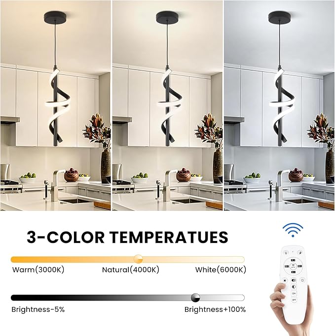 CANEOE Black Pendant Light Fixtures, 3000K-6000K Dimmable Modern LED Pendant Lights,Kitchen Island Pendant Lighting for Dining Room Bar Living Room Bedroom Hanging Light Fixtures,1 Pack