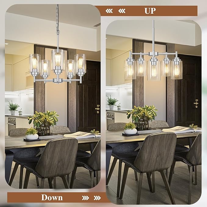 19.8'' 5-Light Chandelier for Dining Room Kitchen Island, Modern Farmhouse Pendant Lighting with Glass Shades Industrial Brushed Nicke Hanging Ceiling Light Fixture for Living Room, Height Adjustable