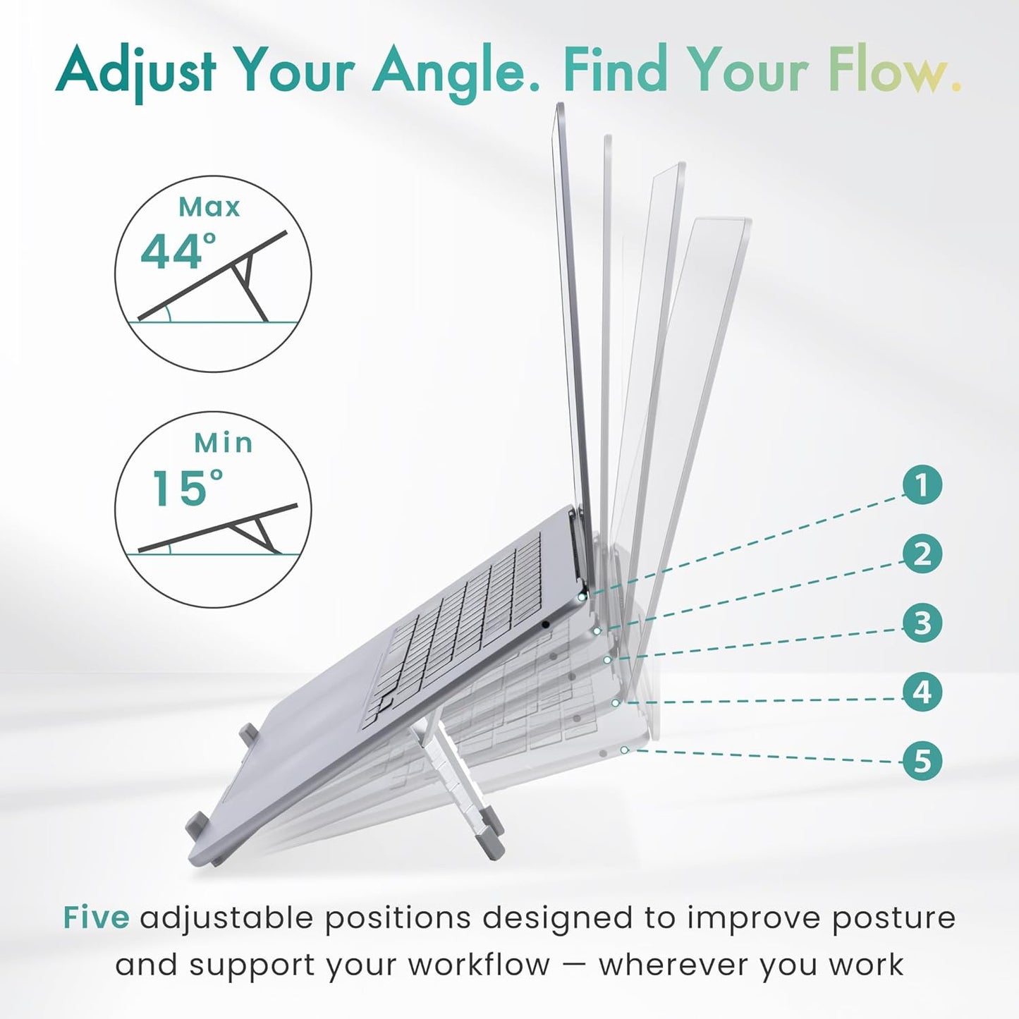 BELLEMOND | X-Shape Laptop Stand – Adjustable Aluminum Riser, 5 Height Levels, Lightweight & Foldable, Ventilated, for Laptops and Tablets up to 17.3" | Space Silver
