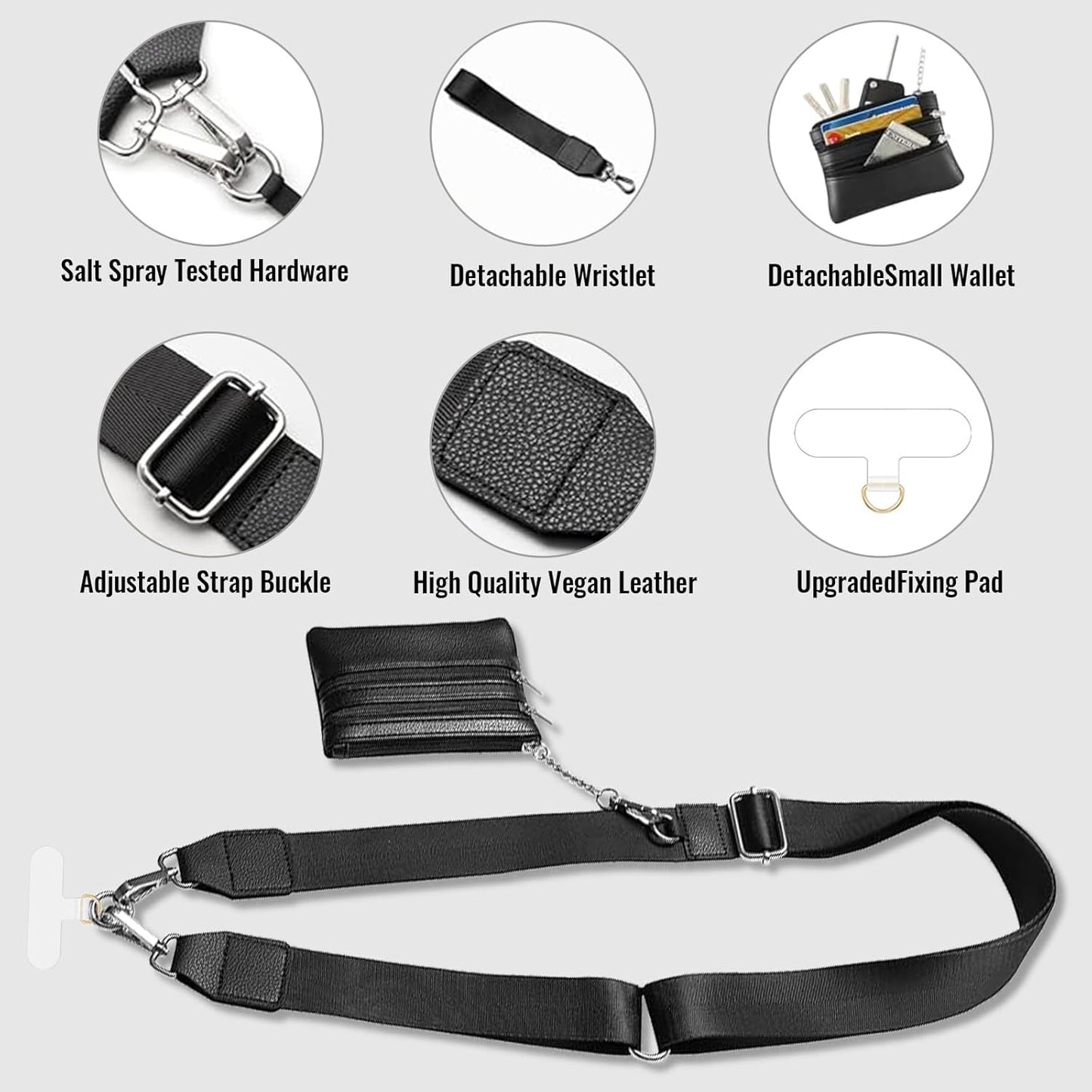 Clip and Go Strap for Phone with Wallet Crossbody Phone Strap Lanyard for Women with Pouch Cell Phone Stand Holder 2 Patches Tether Adjustable Anti Theft Cellphone Chain for iPhone All Phones Black