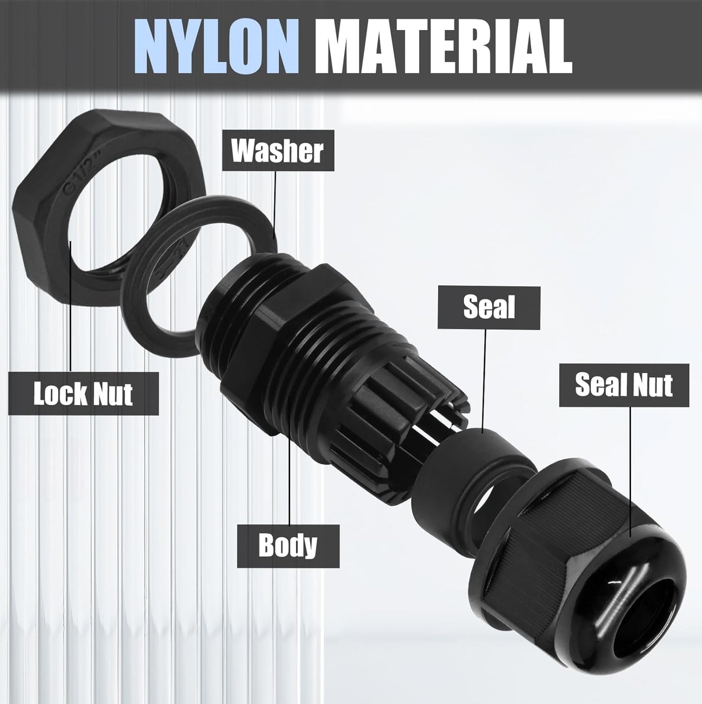 12 Pcs 1/2" NPT Nylon Cable Glands, Black Strain Relief Cable Cord Connector IP68 Waterproof Junction Box Wire Protectors Adjustable for 6-12mm Cable Diameter