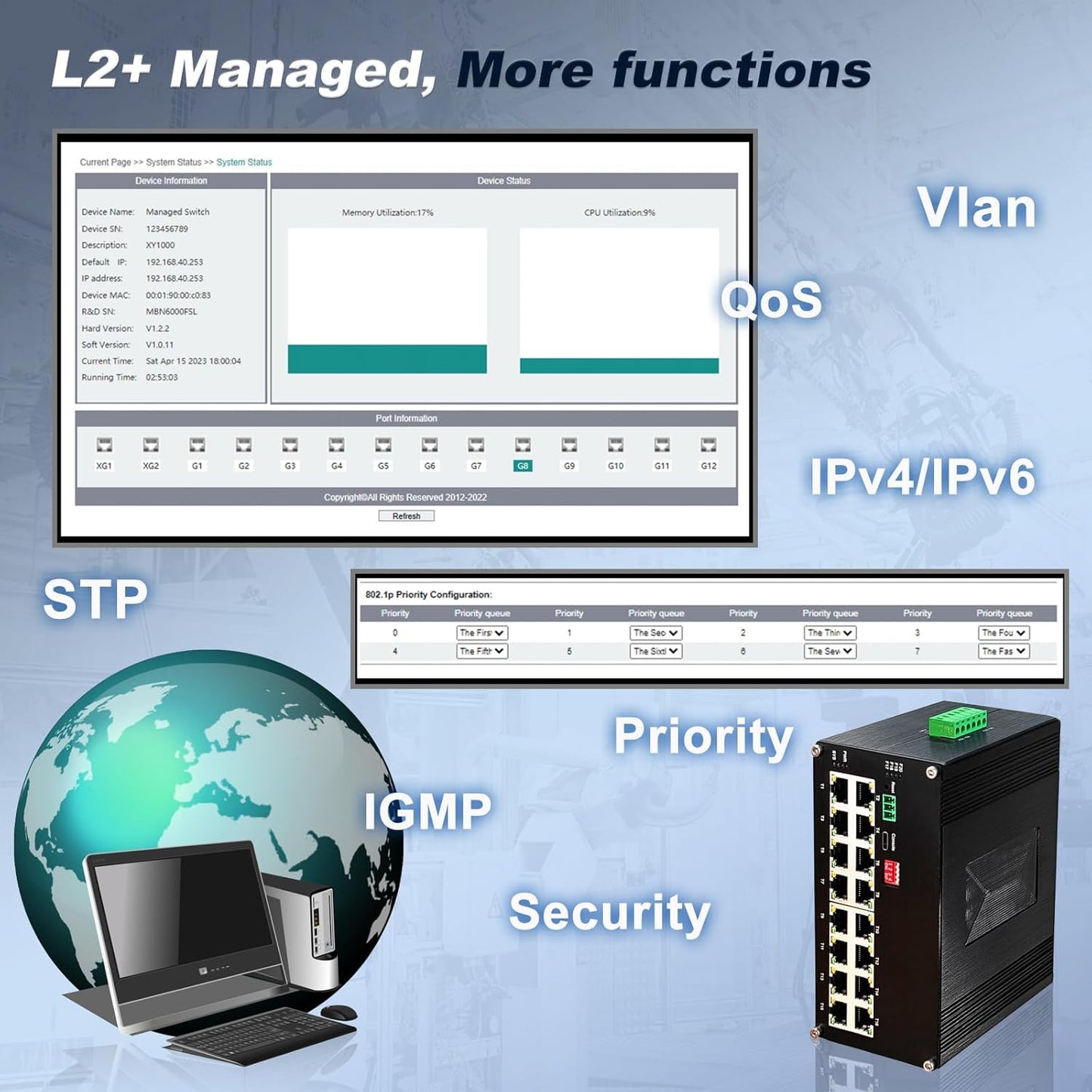 Industrial L2+ Managed 16 Port PoE Ethernet Switch, Gigabit Networking Switch with IPv4/IPv6 Management and DIP Switch, Supporting Din-Rail