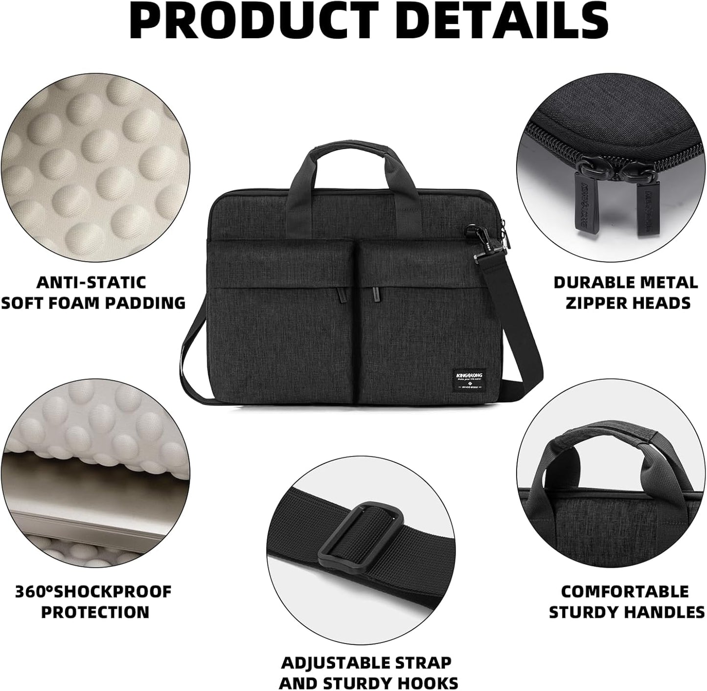 KINGSLONG 15.6 inch Laptop Shoulder Bag,Slim Shockproof Computer Sleeve Notebook Ultrabooks Carrying Case Handbag Cover Fit for Acer Asus Dell Lenovo HP Toshiba, Black
