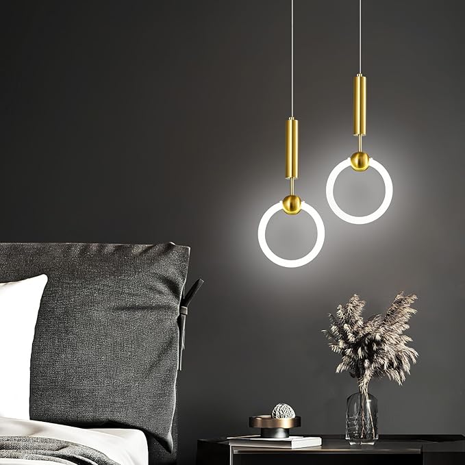 Modern LED Pendant Light Fixtures, Simplicity Gold Pendant Lighting,Circular Hanging Chandelier for Kitchen Island Dining Room Bedroom Entryway Hallway(Gold-2-Pack)