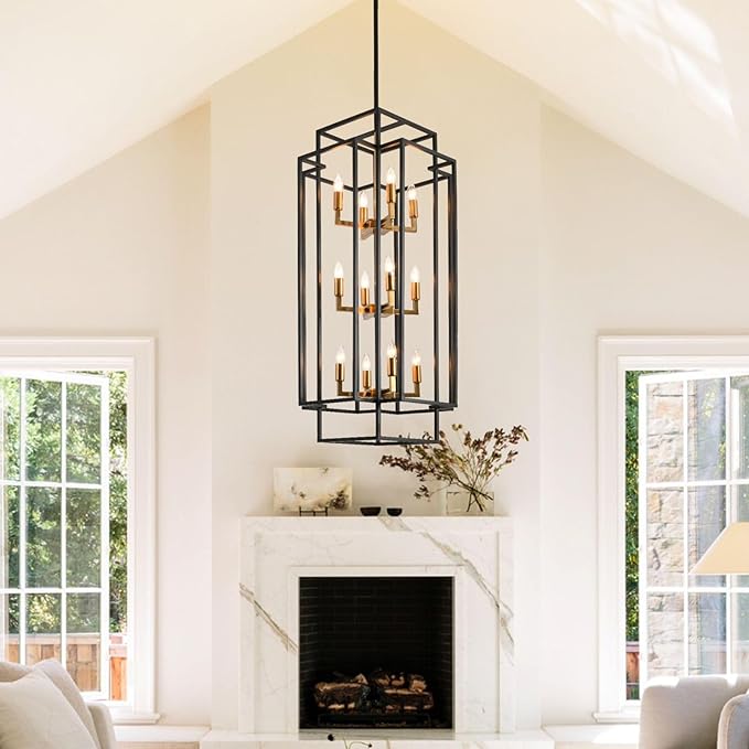 Black and Gold Chandelier, 12-Light Lantern Tiered Pendant Light Fixtures, Large Foyer Chandeliers for High Ceilings, Farmhouse Chandelier for Entryway, Modern Metal Pendant Lights for Staircase