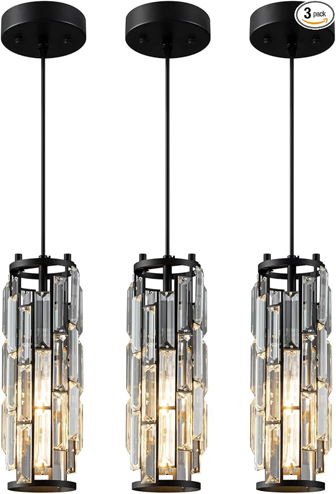 LMQNINE Pendant Lights Modern Black Pendant Light Mini Crystal Chandelier Pendant Lighting for Kitchen Island Dinning Room Bedroom Kitchen Sink Lighting (Black 3-Pack)
