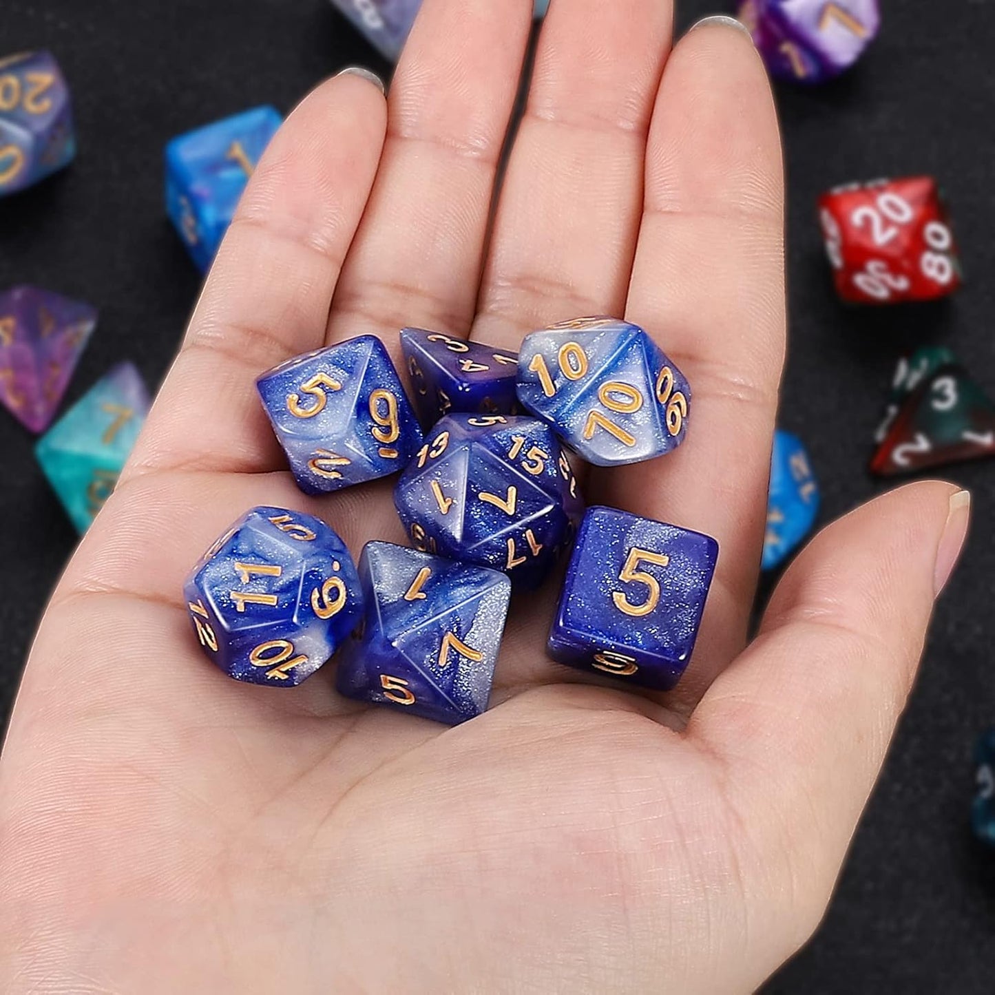 QMAY DND Dice Set -D&D Polyhedral Dice (7 Pcs) for Dungeons and Dragons (Deep Blue Sky)