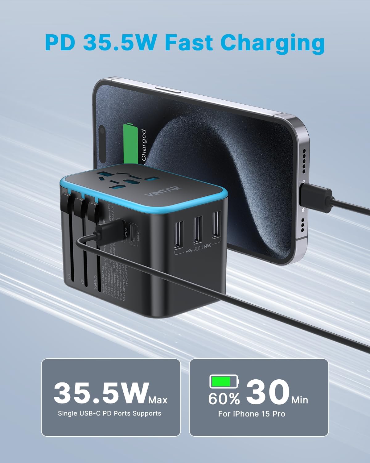 Universal Travel Adapter, VINTAR 35.5W International Power Adapter with 3 USB A QC and 2 USB C PD, All in One Plug Adapter Worldwide Travel Essentials for EU/UK/USA/AUS(Type C/G/A/I), Blue