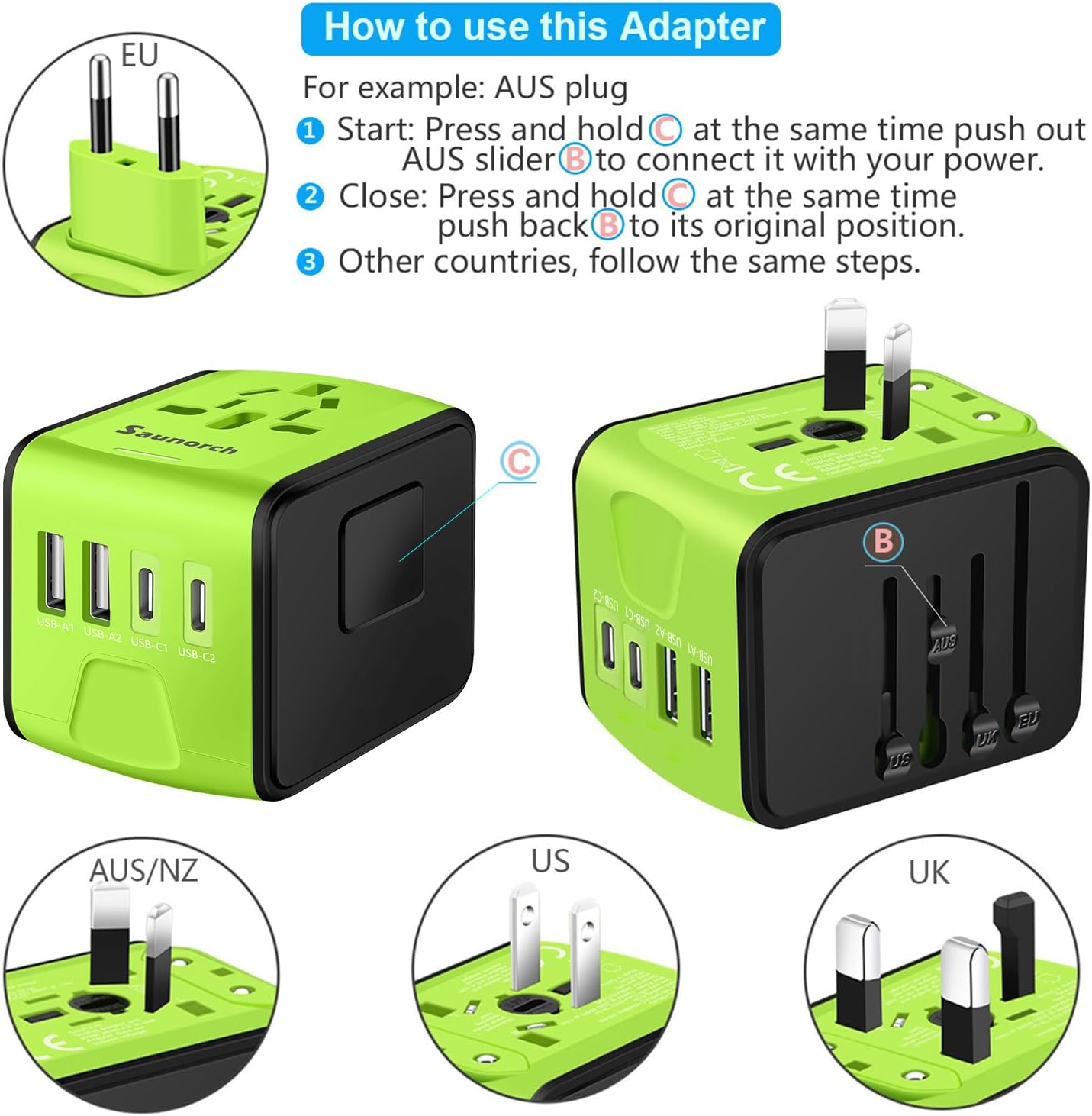 Travel Adapter Worldwide, Universal International Power Plug Adapter W/2.4A 2xUSB-A and 3.0A 2xType-C Wall Charger, European Travel Plug Adapter for Europe UK EU US CA AU Italy Asia-Green