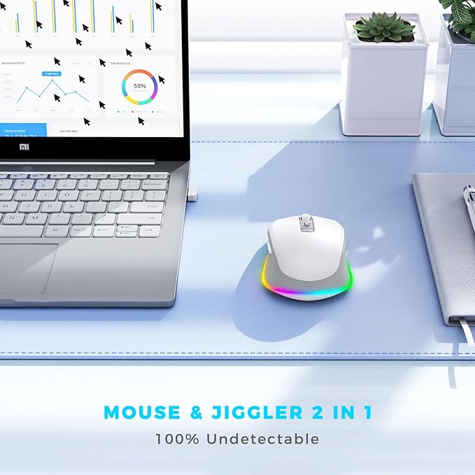 PEIOUS Wireless Mouse Jiggler - LED Wireless Mice with Build-in Mouse Mover, Rechargeable Moving Mouse for Laptop with Undetectable Random Movement Keeps Computers Awake - White & Grey
