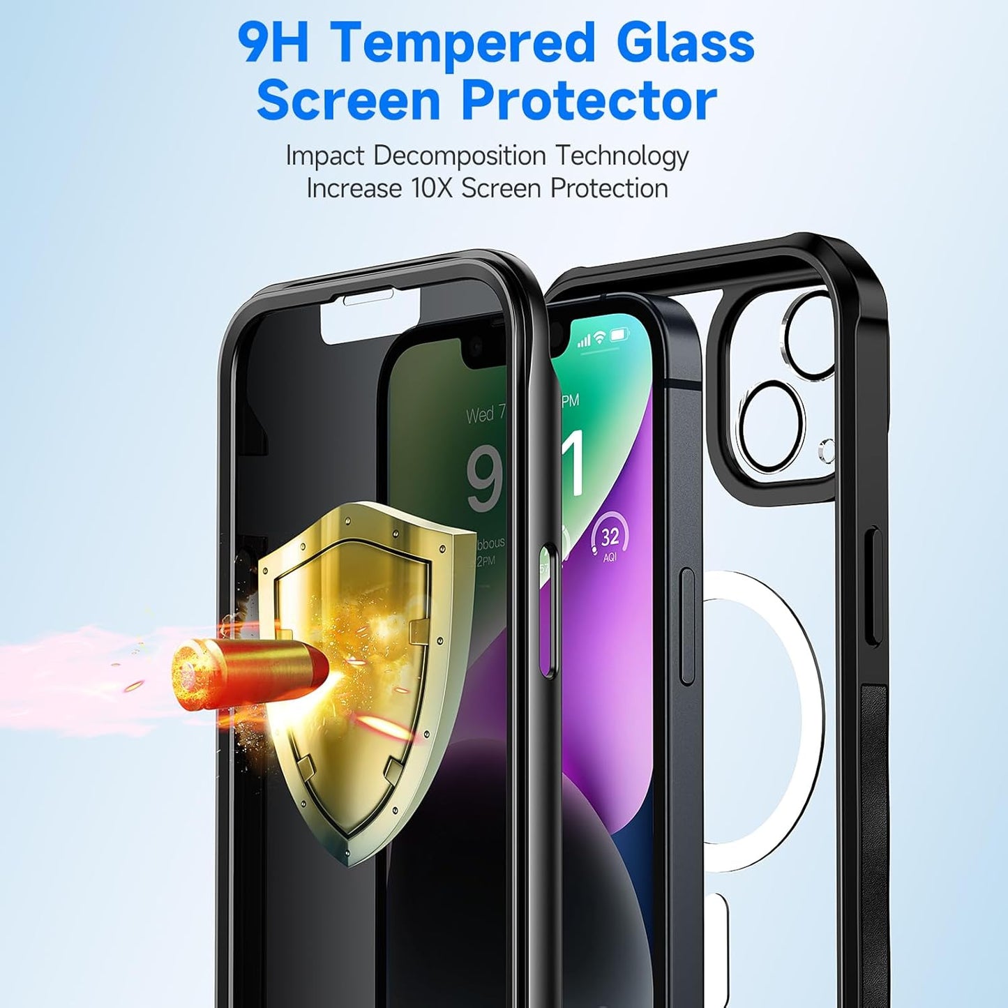 seacosmo for iPhone 14 Plus Case, Full Body Bumper with Built-in 9H Tempered Glass Privacy Screen Protector and Camera Lens Protector, Compatible with MagSafe, Shockproof Phone Cover, 6.7", Black