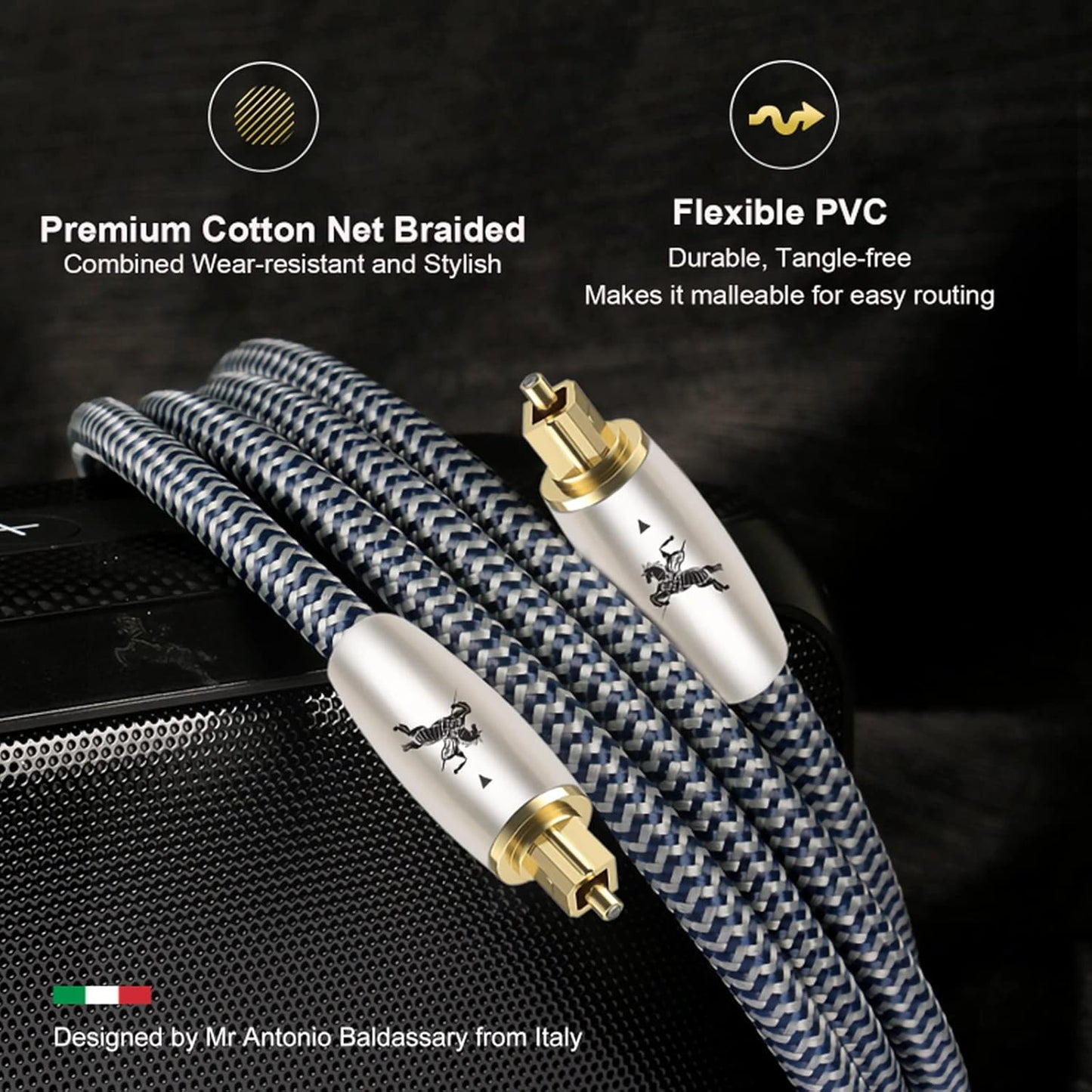 Digital Fiber Optic Audio Cable for Sound Bar Toslink Cord Male to Male 24K Gold Plated Connector Optical Audio Cable 6ft 10ft S/PDIF Glass Core, 4.9feet/1.5M IMP-2201