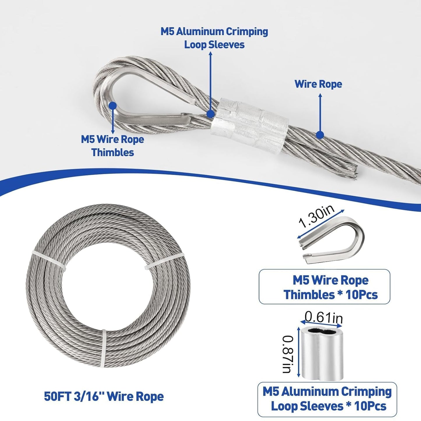 TooTaci 3/16" Stainless Steel Cable, 50ft Wire Rope with Aluminum Crimping Sleeve&Thimbles, 7x19 Strands, 3700lbs Breaking Strength Heavy Duty Aircraft Cable for Zipline, Deck Railing, Shade Sail