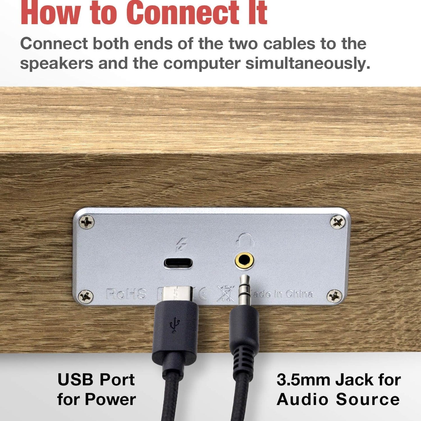 MICA Computer Speakers, Wired Computer Sound Bar, Wooden Mini Soundbar, USB Powered PC Speakers 3.5mm AUX & PC Input (Yellow)