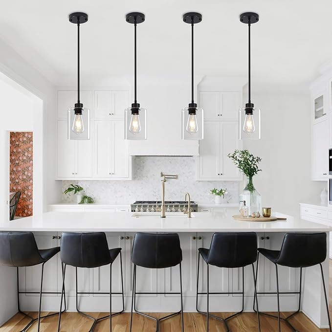 Glass Pendant Lights Kitchen Island 2 Pack, Modern Pendant Lighting Over Island Black Farmhouse Kitchen Hanging Light Fixtures Adjustable Mini Chandeliers for Hallway Entryway Bedroom Dining Room