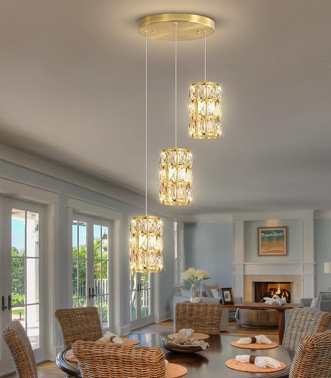 3-Lights Modern Crystal Pendant Lights for Kitchen Island LED Dimmable Glam Pendant Lighting Chandelier for Dining Room Hallway Corner Lamp Gold