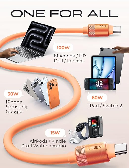 LISEN for iPhone Air 17 Charger Cord USB Cable 10FT, Chubby 100W Soft Silicone USB C to USB C Fast Charging Cable, Long USBC to USBC for iPhone 17 16 15, Samsung S25, MacBook Pro/Air, Orange