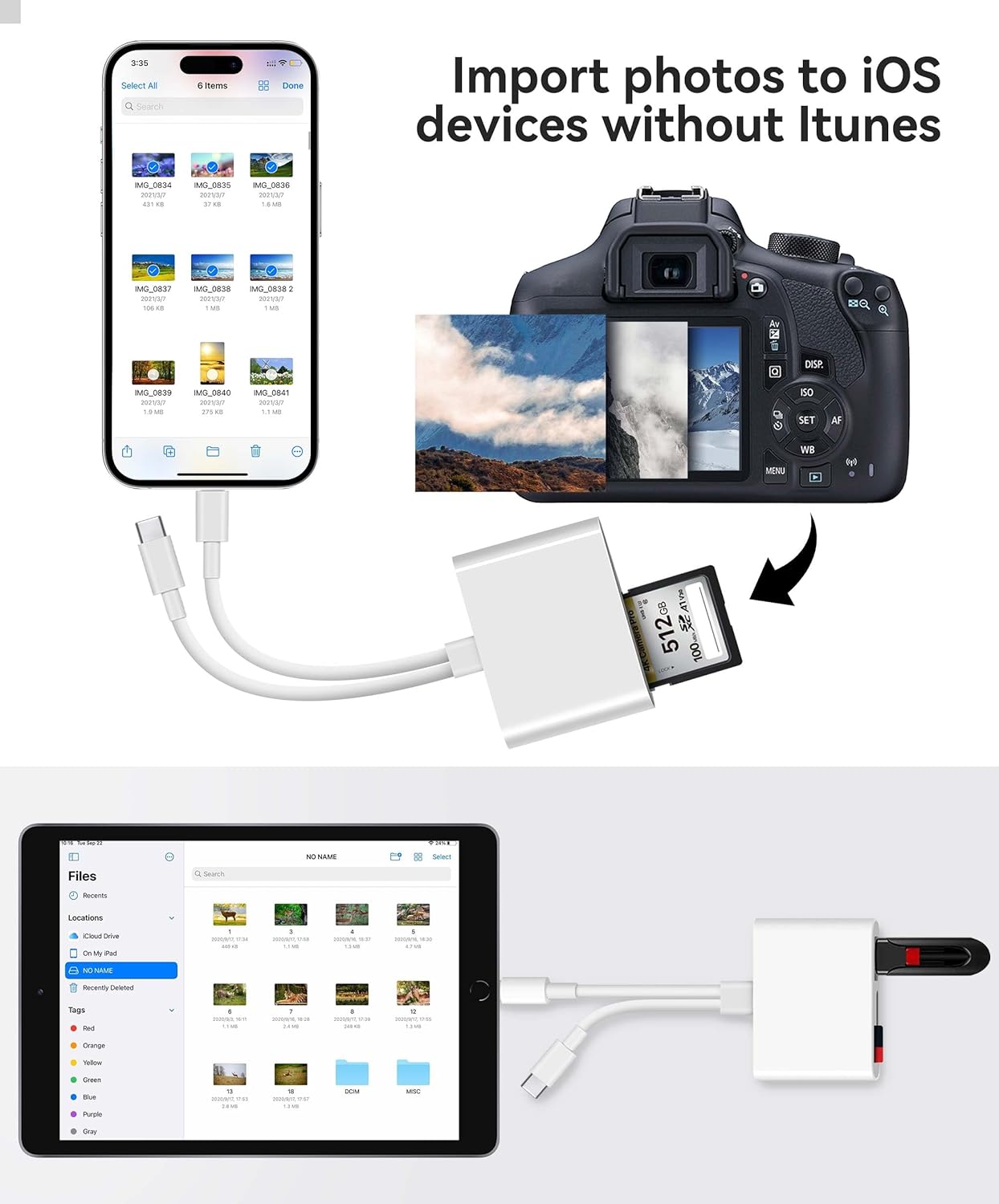 SD Card Reader for iPhone iPad Built-in Dual Cords (Lightening, USB-C) Card Reader with SD MicroSD USB-A 3 Slots Trail Camera Memory Card Viewer Portable No App Required Plug and Play - White