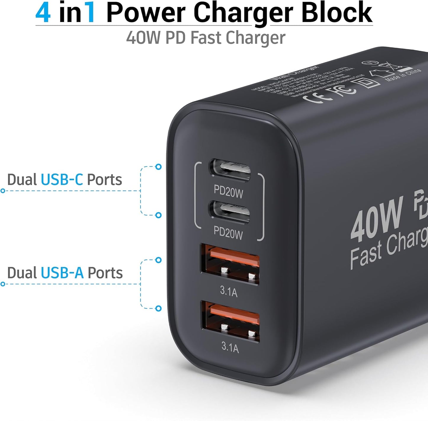 USB C Block 40W, 4 Ports Wall Plug Fast Charging Block, PD+QC Multiport Power Adapter USB C Charger Type C for iPhone 16,15,14,13,12,11, Pro Max, X, Xr, Xs, 8, 7, Watch, Galaxy Phones-Black 2Pack