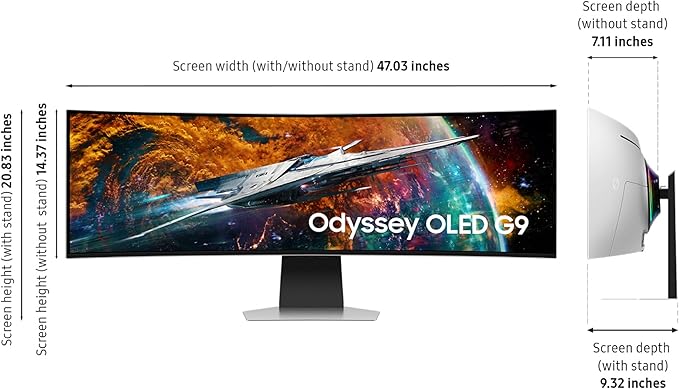 Samsung 49" Odyssey OLED G9 (G95SC) Series Curved Smart Gaming Monitor w QD-OLED, 240Hz, 0.03ms, AMD Freestyle Premium Pro, G-Sync Compatible, Dual QHD, Neo Quantum Processor Pro, LS49CG954SNXZA
