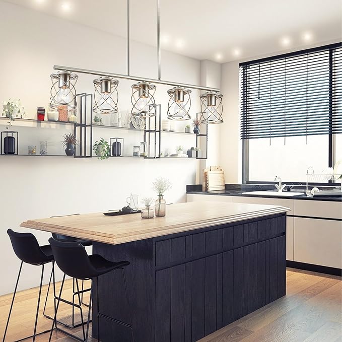 Kitchen Island Light, 5-Light Dining Room Lighting Fixtures Hanging, Farmhouse Linear Pendant Light for Kitchen Island Table Living Room with Adjustable Rods, Brushed Nickel