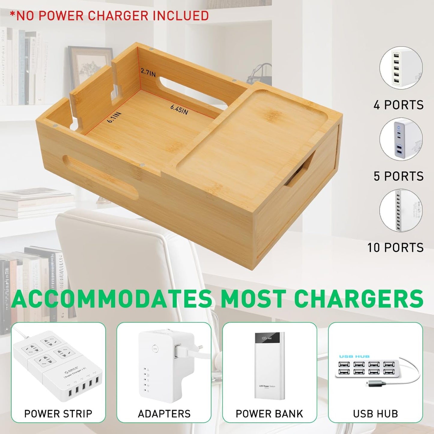 Bamboo Charging Station for Multiple Devices, Desktop Wood Charger Organizer with Drawer & Tray -Included 6 Cables, Compatible with Multi Devices, Cell Phone, Tablet, Earphones (No USB Charger)