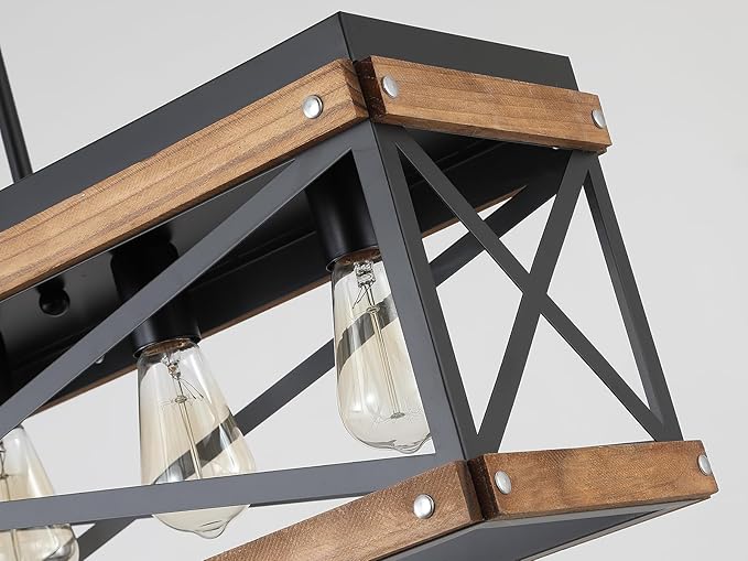 Rustic Farmhouse Wood Kitchen Island Lighting, 5 Lights Rectangular Pendant Light Fixture, Adjustable Chain Oak Wood and Metal Linear Chandelier for Dining Room Kitchen Island Farmhouse, Black