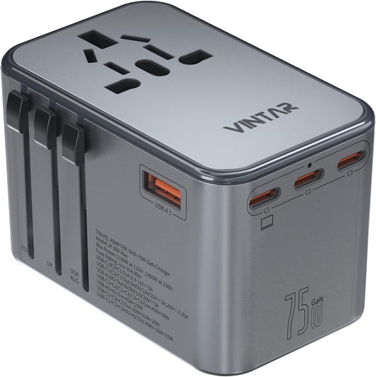 Universal Travel Adapter, VINTAR 75W GaN International Power Adapter with 3 USB C PD and 2 USB A QC, All in One Travel Essentials for UK/EU/USA/AUS, Travel Adapter Worldwide for Laptops Phones, Grey