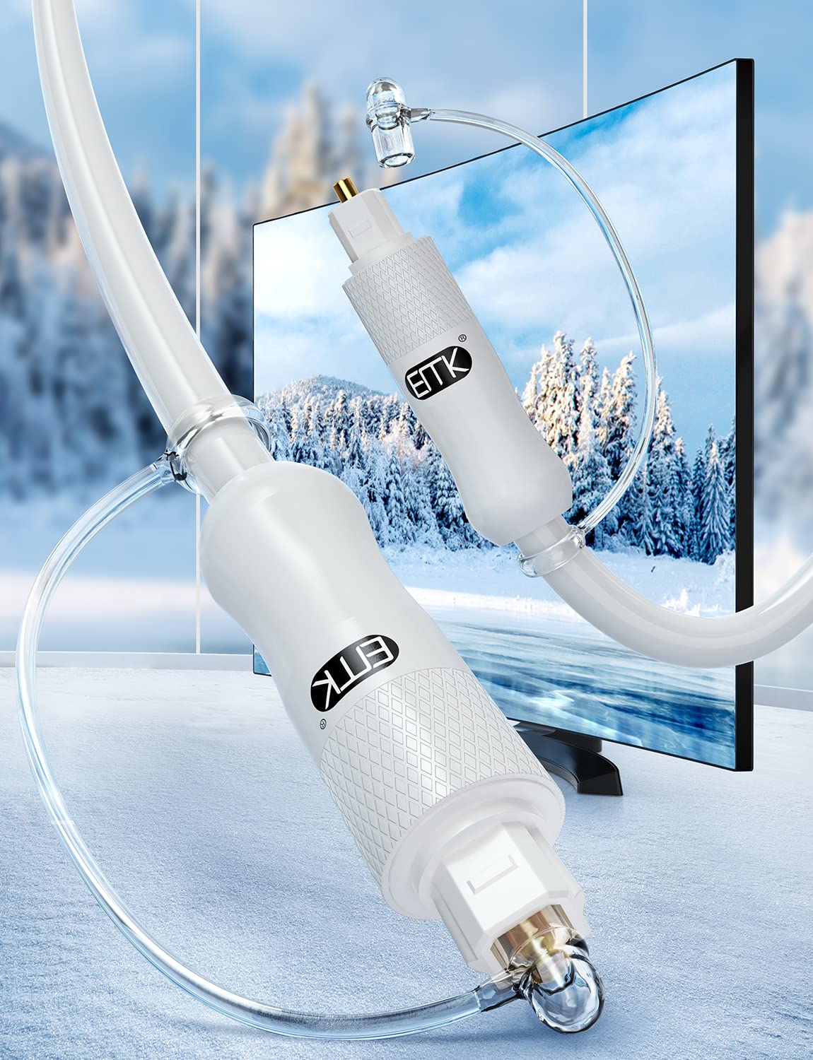 EMK White Optical Audio Cable [25ft/8M] - Digital SPDIF Toslink Fiber Optic Cable for Sound Bar, TV, Home Theater, Blu-ray Player - White, High-Speed, Low-Loss, Gold-Plated Connectors