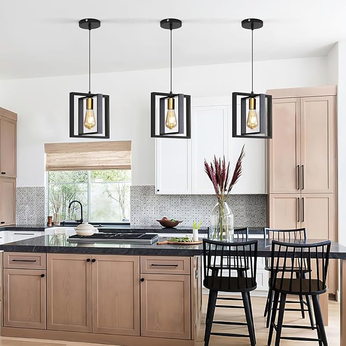 2 Pack Black Industrial Farmhouse Pendant Light, Vintage Metal Rustic Hanging Lights, Adjustable Height Kitchen Island Pendant Lights Fixture, Mini Ceiling Lamp for Entryway, Dining Room, Foyer