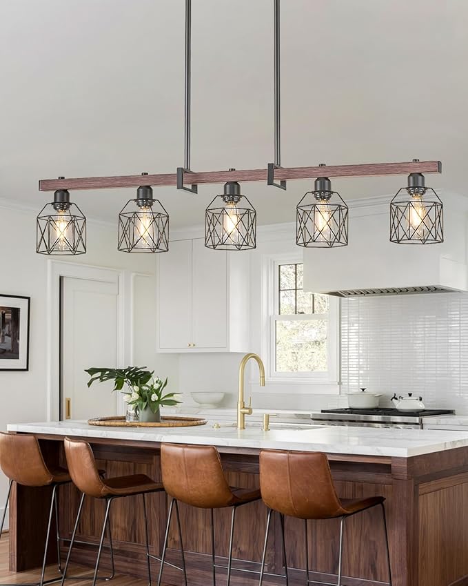 5-Light Industrial Farmhouse Chandelier with Wood Grain Bar and Black Metal Cage – Rustic Hanging Ceiling Lamp for Kitchen Island, Dining Room, and Living Room