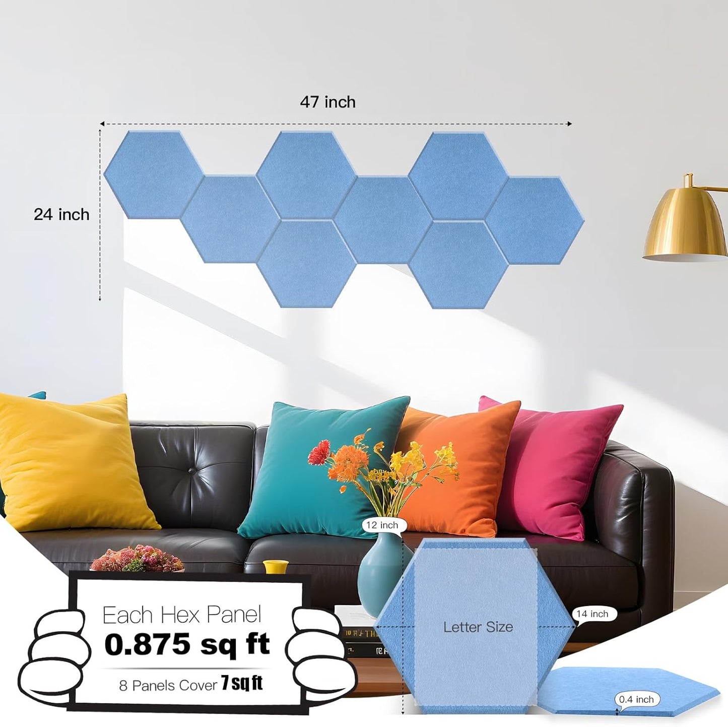 Mollywell Hexagon Acoustic Panels, High Density, Soundproofing, Decorative Noise Reduction Felt Wall Tiles for Ceilings, Home Office & Gaming Room (Sky Blue), 14x12x0.4 Inch