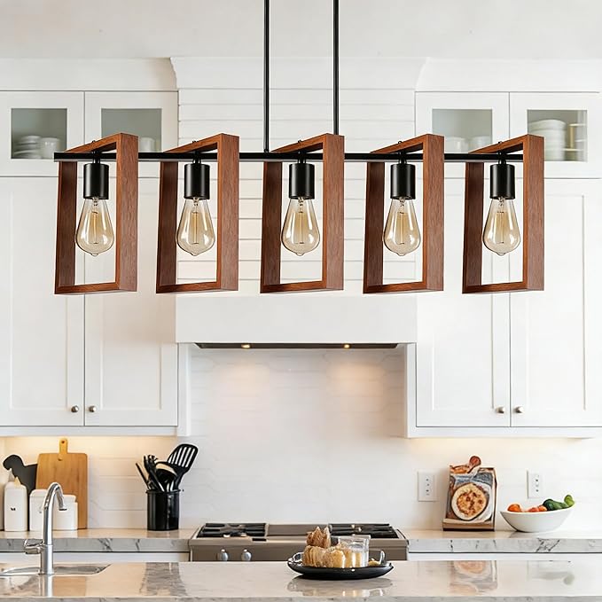 5-Light Island Lights for Kitchen, Rectangular Wood and Black Metal Kitchen Island Chandelier 41.3" Adjustable Rustic Modern Dining Room Light Fixtures Over Table, Chandeliers for Dining Room