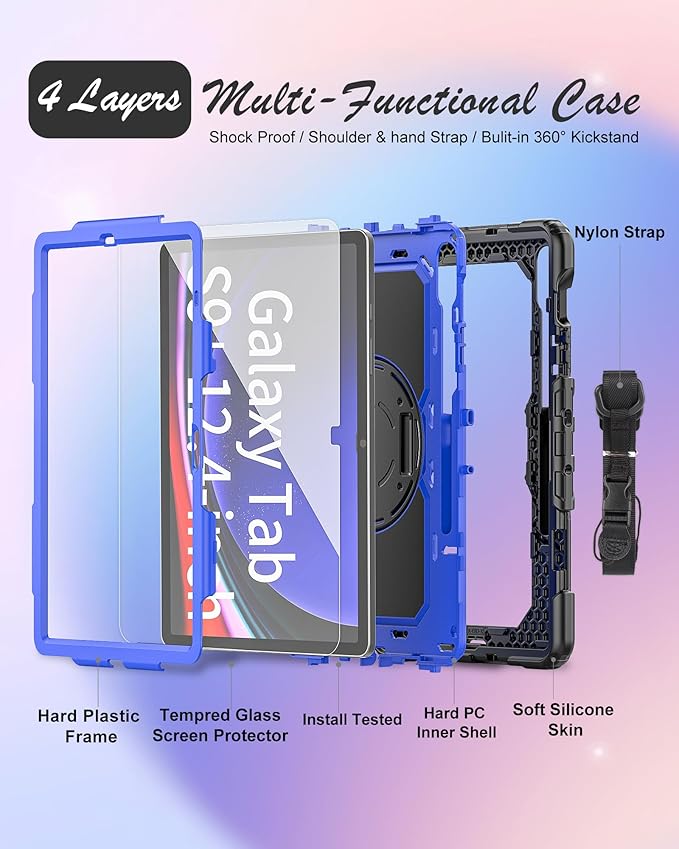 Case for Samsung Galaxy Tab S10 Plus/ S9 FE Plus/ S9 Plus 5G Tablet 12.4'', Shockproof Protective Cover with [Tempered Glass Screen Protector], Stand, Shoulder Strap & S Pen Holder (Blue)